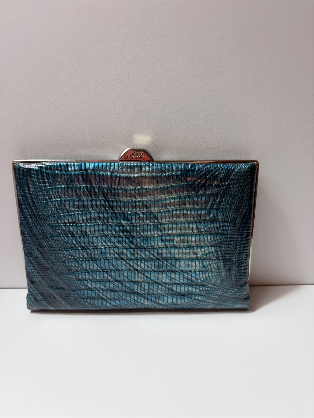 Lodis Iridescent Blue Teal Lizard-Embossed Card holder